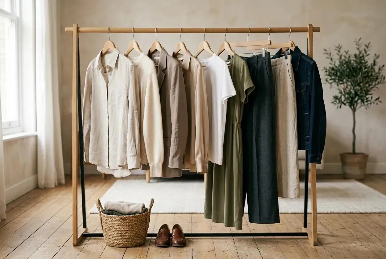 A rail of pre-loved clothing in soft, natural colours