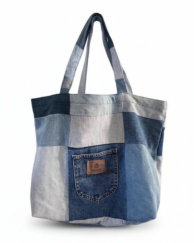 A patchwork tote bag made from panels of different shades of reclaimed denim